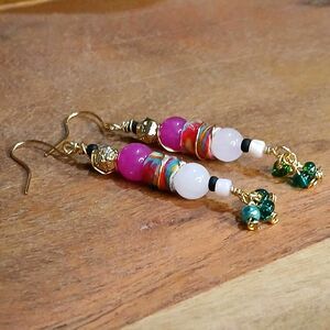 OOAK Gemstone Beaded Dangle Earrings, Bright Crystal Jade Pink